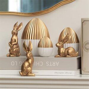 6PCS Easter Decorations with 3 Rabbits and 3 Gold Easter Eggs,